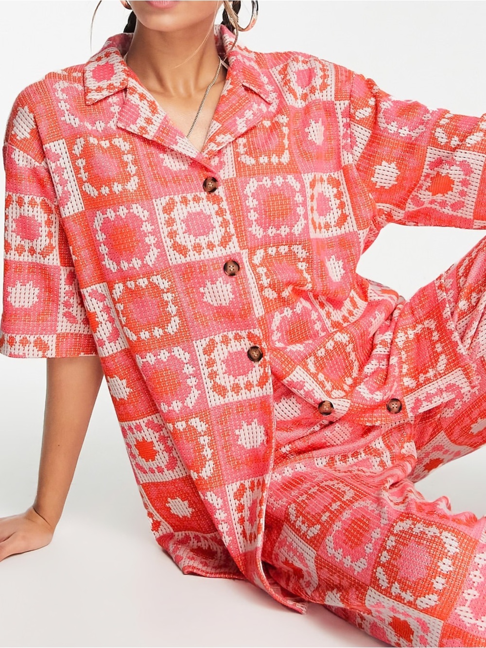 Damson Madder Bessie Wave Crochet Short Sleeve Co-ord Shirt Pink Orange 6 $136